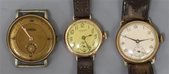 Two 9ct gold wrist watches including Waltham and a steel and gold plated Roamer wrist watch.